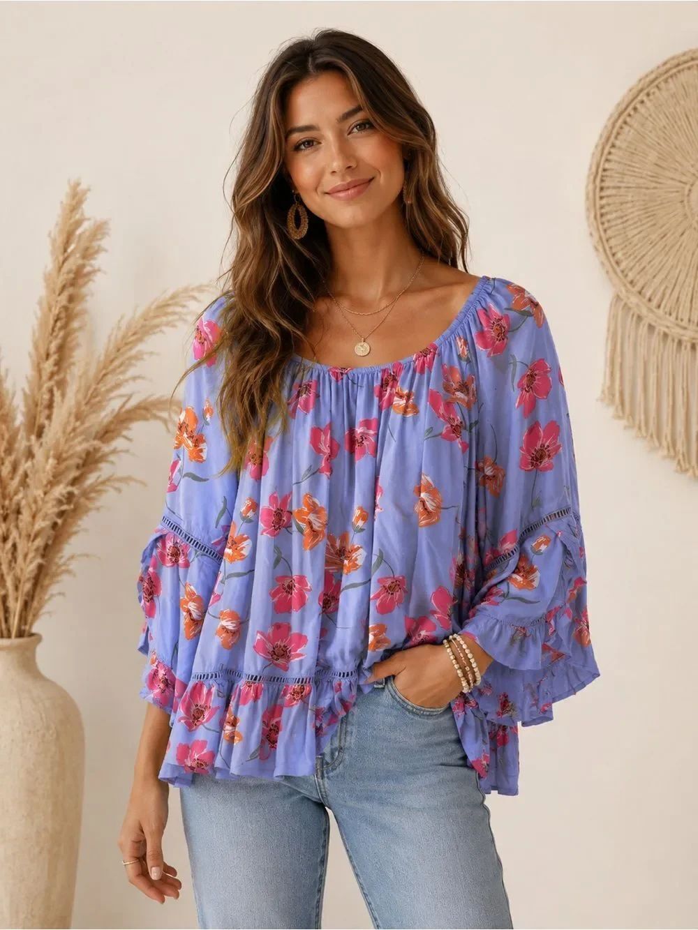 Fever BlueโBoho Chic Floral Peasant Blouse with Pink & Orange Blooms